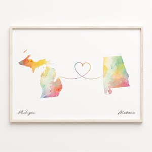 Michigan naar Alabama print, aquarel kaart poster, Alabamian cadeau, reizen kunst aan de muur, kaart expatriate, C23-1664