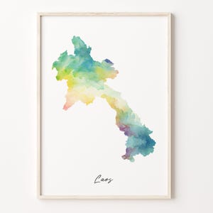 Laos Aquarell Karte Druck, Laotische Kunst Poster, LA Bunte Landkarte, Bunte Kunst, C26-100