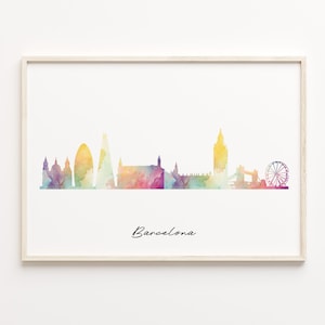 Barcelona Skyline Druck, Aquarell Stadtbild, Spanien Wand Kunst Poster, Aquarell Karte, Stadtbild Wandkunst, C29-14