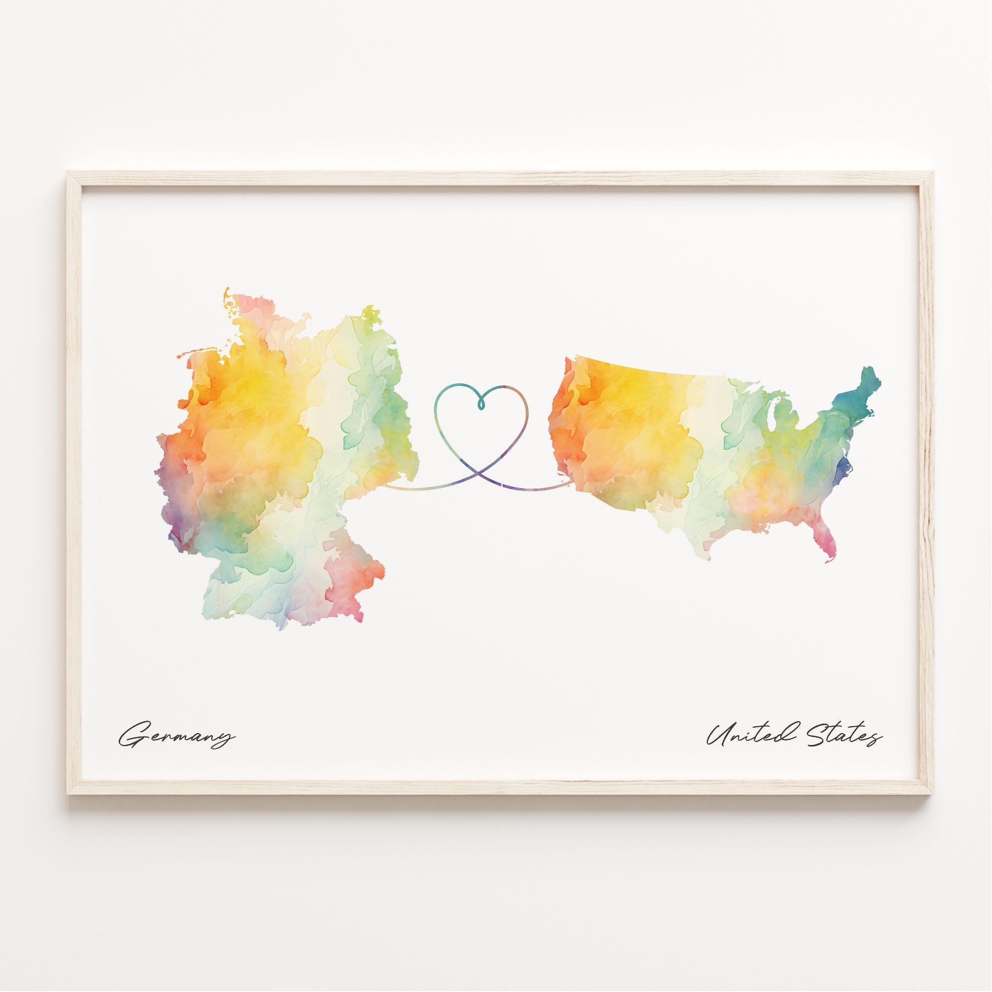 Germany to United States Print, Watercolor Map Poster, British Gift, Travel Wall Art, Adventure Awaits Map, C23-588