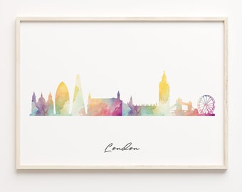 London Skyline Watercolor Print: United Kingdom Cityscape Poster