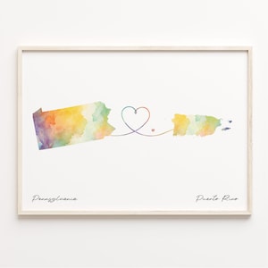 Pennsylvania to Puerto Rico Print, Watercolor Map Poster, Puerto Rican Gift, Travel Wall Art, Expat Gift, C23-1442