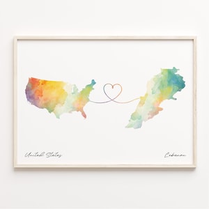 US to Lebanon Print, Watercolor Map Poster, Lebanese Gift, US Wall Art, Travel Abroad Map, C23-102