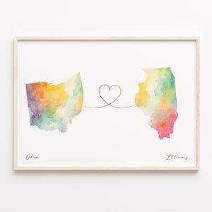 Ohio to Illinois Print, Watercolor Map Poster, Illinoisan Gift, Travel Wall Art, Farewell Map, C23-1521