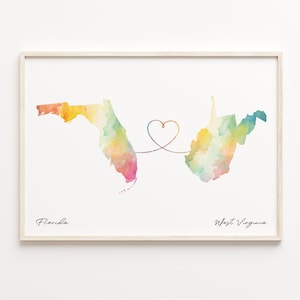 Florida naar West Virginia print, aquarel kaart poster, West Virginian cadeau, reizen kunst aan de muur, studeren in het buitenland cadeau, C23-1349