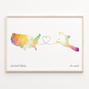 US to Kiribati Print, Aquarell Karte Poster, I-Kiribati Geschenk, US Wandkunst, Umzug ins Ausland Karte, C23-96