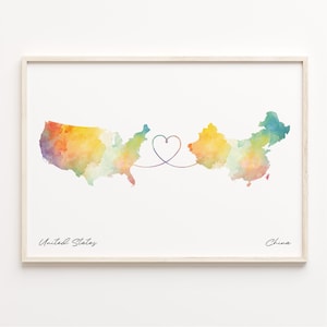 US to China Print, Aquarell Karte Poster, Chinesisches Geschenk, US Wandkunst, Neues Zuhause Geschenk, C23-38