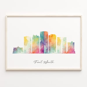 Fort Worth Skyline Druck, Aquarell Karte, USA Wand Kunst Poster, Aquarell Karte, Stadtbild Wandbild, C29-214