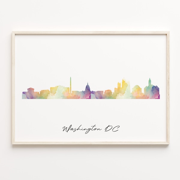 Watercolor Washington DC Skyline Art Print: Rainbow Cityscape Poster