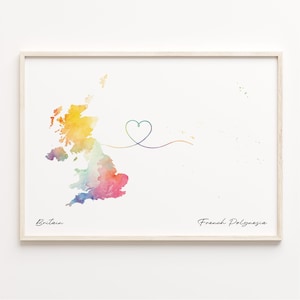 UK to French-Polynesia Print, Aquarell Karte Poster, Französisch-Polynesien Geschenk,Vereinigtes Königreich Wandkunst, Auf Wiedersehen, C23-262