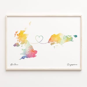 UK to Singapore Print, Watercolor Map Poster, Singaporean Gift, United Kingdom Wall Art, Goodbye Gift, C23-362