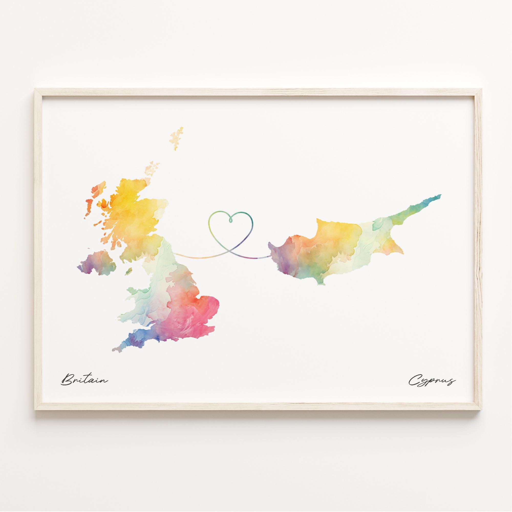 UK to Cyprus Watercolor Map Print: Country Connection Gift