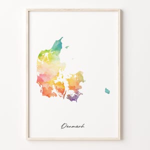 Dänemark Aquarell Karte Druck, lebhaftes dänisches Kunst Poster, DK Buntes Land Wandkunst, Geschenk für Reisende, C26-47