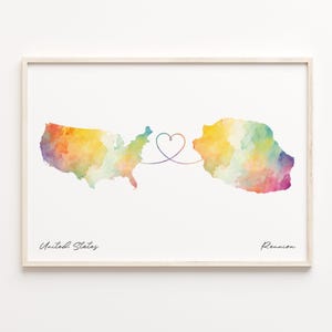 US to Réunion Print, Watercolor Map Poster, Réunionese Gift, US Wall Art, Friendship Map, C23-150