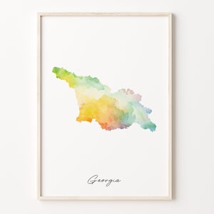 Impresión de mapa de acuarela de Georgia, cartel de arte georgiano vibrante, arte colorido de la pared del país de GE, impresión del arco iris, C26-66