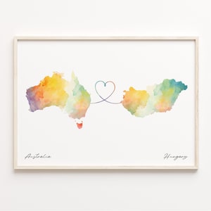Australia to Hungary Print, Watercolor Map Poster, Hong Konger Gift, Travel Wall Art, Welcome Home Gift, C23-875