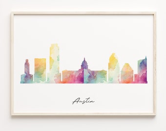 Austin Skyline Watercolor Print: Colorful Cityscape Poster