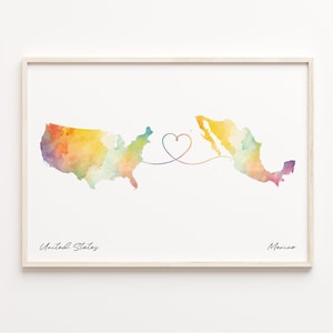 US to Mexico Druck, Aquarell Karte Poster, Mexikanische Geschenk, US Wand Kunst, randlose Liebeskarte, C23-120