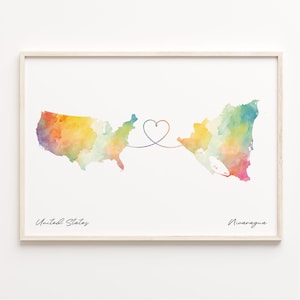 US to Nicaragua Print, Aquarell Karte Poster, Nicaragua Geschenk, US Wandkunst, Abschied, C23-133