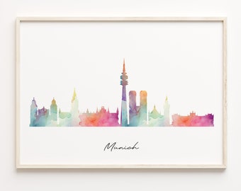 Munich Skyline Watercolor Print: Germany Travel Wall Art