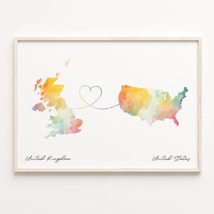 Impressão do Reino Unido para os Estados Unidos, pôster de mapa em aquarela, presente americano, arte de parede de viagem, presente para morar no exterior, C23-1717