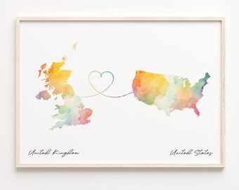 UK to USA Watercolor Map Print: Long Distance Gift
