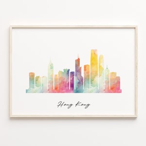 Hong Kong Skyline Watercolor Print: Colorful Cityscape Wall Art