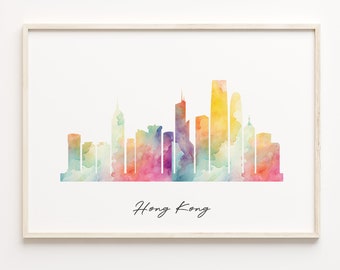 Hong Kong Skyline Watercolor Print: Colorful Cityscape Wall Art