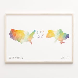 US to Ukraine Print, Aquarell Karte Poster, Ukrainisch Geschenk, US Landkarte, Wandkarte, C23-188