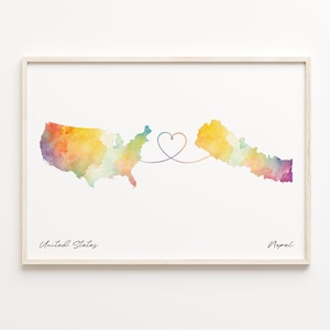 US to Nepal Print, Aquarell Karte Poster, Nepal Geschenk, US Wandkunst, Overseas Love Map, C23-129