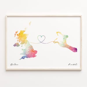 UK to Kiribati Print, Watercolor Map Poster, I-Kiribati Gift, United Kingdom Wall Art, Long Distance, C23-295