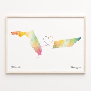 Print Florida naar Tennessee, aquarel kaartposter, Tennessee cadeau, reizen muurkunst, expat, C23-1342