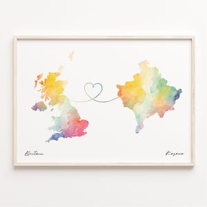 Impressão do Reino Unido ao Kosovo, pôster de mapa em aquarela, presente Kosovar, arte de parede do Reino Unido, presente de longa distância, C23-296