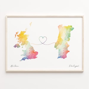 UK to Portugal Print, Watercolor Map Poster, Portuguese Gift, United Kingdom Wall Art, Friendship, C23-346