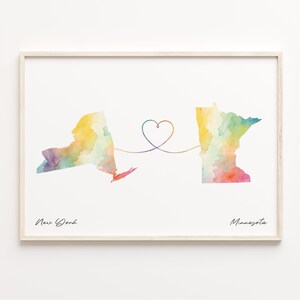 New York nach Minnesota Druck, Aquarell Karte Poster, Minnesota Geschenk, Reise Wandkunst, Continental Love Karte, C23-1374