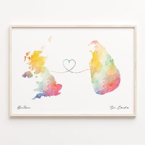 UK to Sri Lanka Print, Aquarell Karte Poster, SriLanka Geschenk, Vereinigtes Königreich Wandkunst, Volunteer, C23-370
