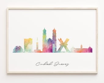 Ciudad Juarez Skyline Watercolor Print: Mexico Cityscape Wall Art