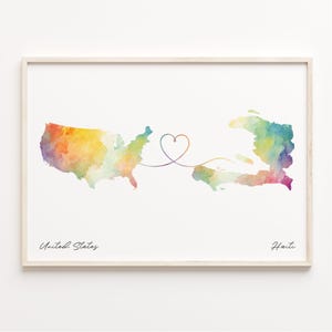 US to Haiti Print, Watercolor Map Poster, Haitian Gift, US Wall Art, Digital Nomad Gift, C23-77