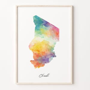 Chad Watercolor Map Print, Vibrant Chadian Art Poster, TD Colorful Country Wall Art, Vibrant art, C26-36