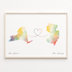 New York New Jersey Druck, Aquarell Karte Poster, New Jersey Geschenk, Reisewandkunst, Umzug ins Ausland Geschenk, C23-1382
