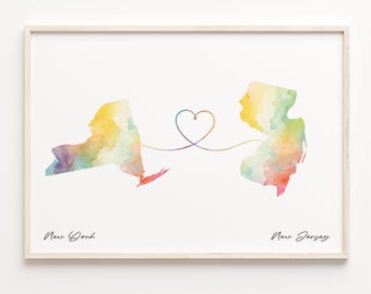 New York to New Jersey Watercolor Map Art Print