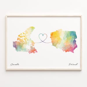 Canada to Poland Print, Watercolor Map Poster, Filipino Gift, Travel Wall Art, Friendship, C23-742