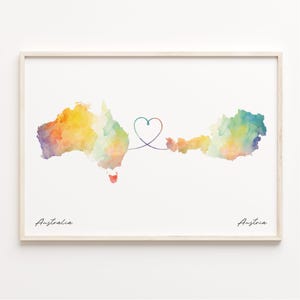 Impressão da Austrália para a Áustria, pôster de mapa em aquarela, presente australiano, arte de parede de viagem, expatriado, C23-805
