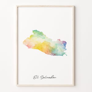 El Salvador Watercolor Map Print, Vibrant Salvadoran Art Poster, SV Colorful Country Wall Art, Playful map art, C26-54