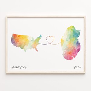 US to Qatar Print, Watercolor Map Poster, Qatari Gift, US Wall Art, Friendship Gift, C23-149