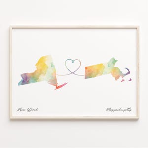 New York nach Massachusetts Druck, Aquarell Karte Poster, Massachusetts Geschenk, Reise Wandkunst, Willkommensgeschenk, C23-1370