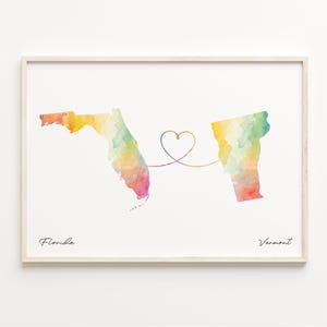 Florida naar Vermont print, aquarel kaart poster, Vermonter cadeau, reizen muurkunst, LDR cadeau, C23-1346