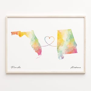 Florida naar Alabama print, aquarel kaart poster, Alabamian cadeau, reizen kunst aan de muur, expatriate, C23-1300