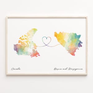 Canada to Bosnia and Herzegovina Print, Watercolor Map Poster, Bosnian Gift, Travel Wall Art, Faraway Love Gift, C23-620