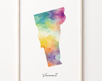 Vermont Watercolor Map Print: Vibrant Colorful Wall Art